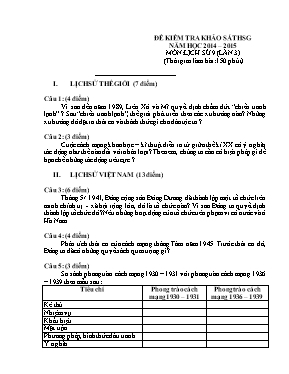 Đề và đáp án kiểm tra chọn học sinh giỏi Lịch sử lớp 9 - Năm học 2014-2015